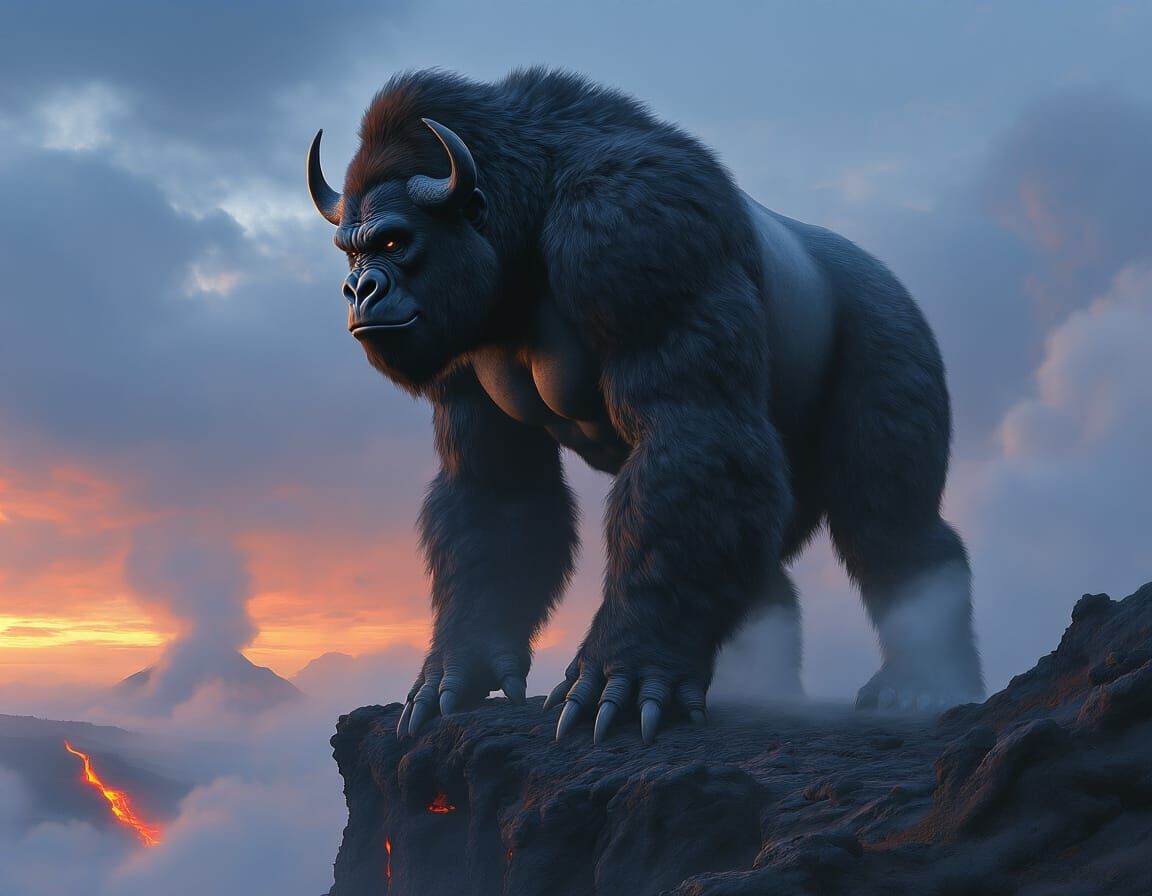 Colossal Gorilla-Buffalo Hybrid on Volcanic Plateau