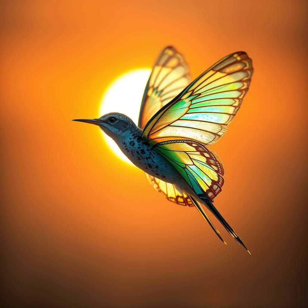 Renaissance Bird with Butterfly Wings in Sunset Sky