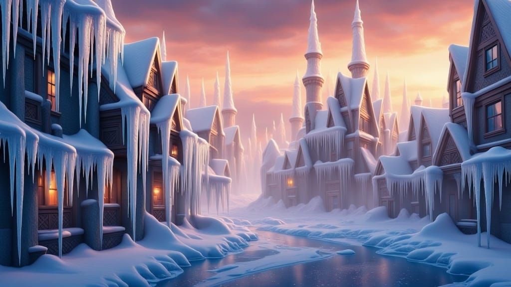 Icy Metropolis Sunset in Detailed Matte Painting