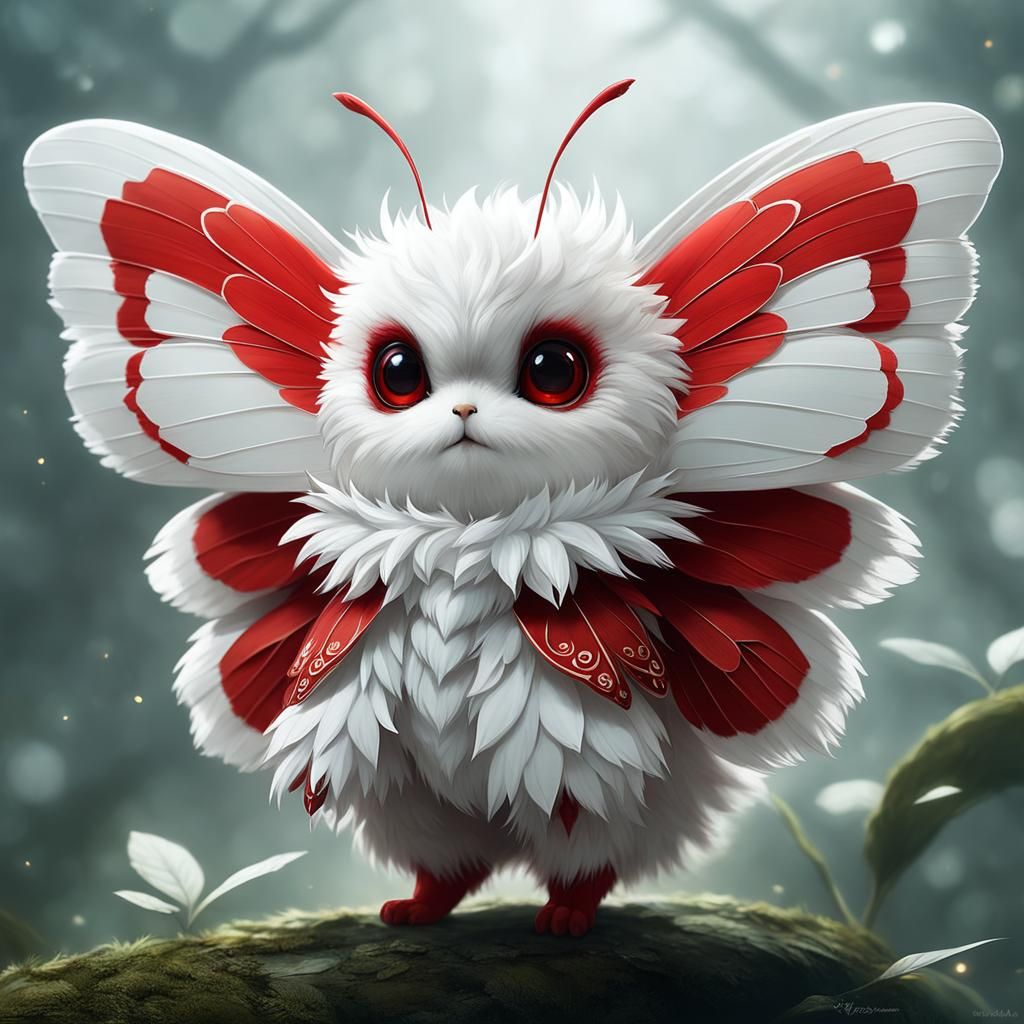 Whimsical Chibi Moth with Red and White Wings