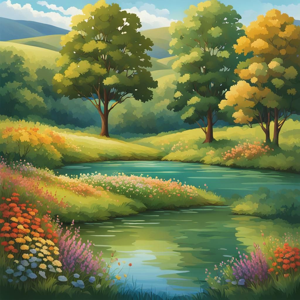 Tranquil Lakeside Landscape with Tree and Wildflowers