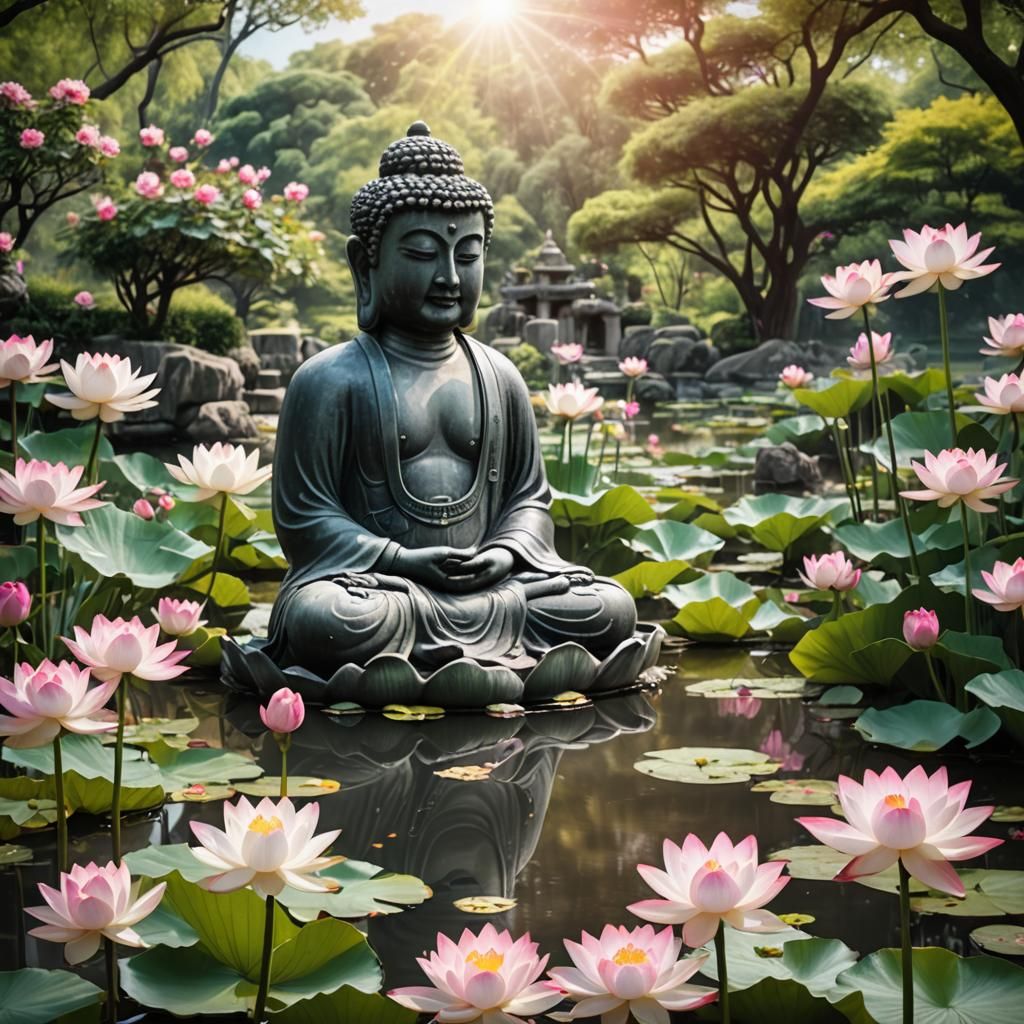 Meditating Buddha in a Peaceful Chinese Garden