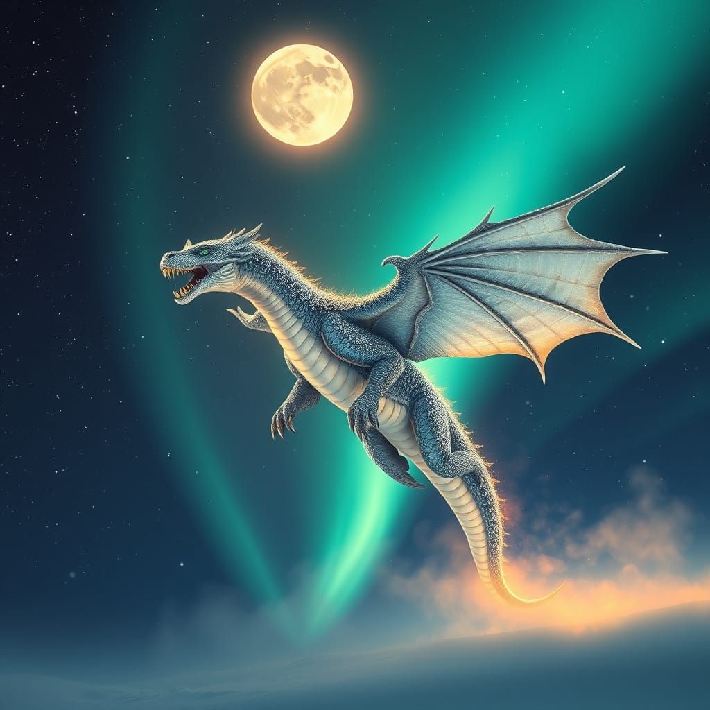 Majestic Serpentine Creature Soars Through Winter Night Sky