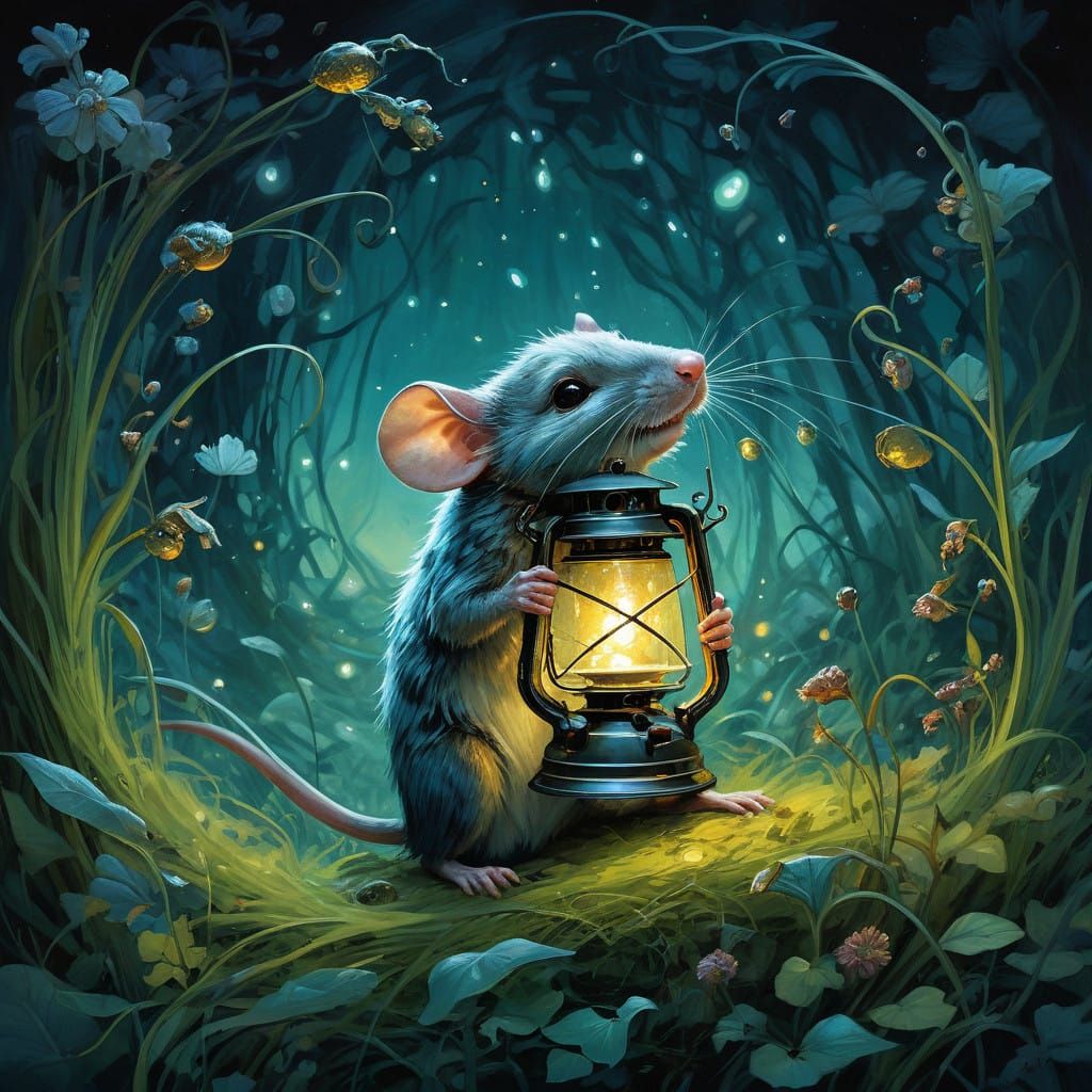Whimsical Mouse in Enchanted Meadow with Sparkling Fireflies