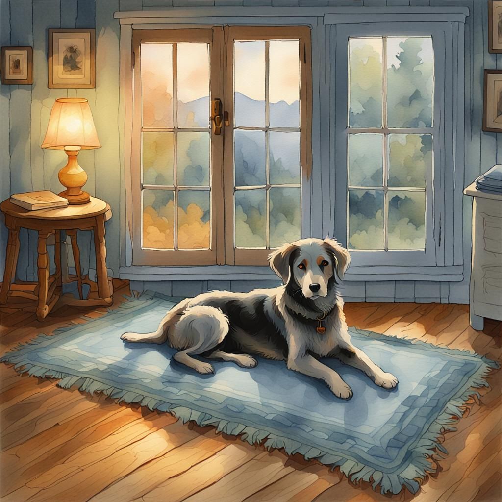 Watercolor Painting: Old Man and Dog at Dawn