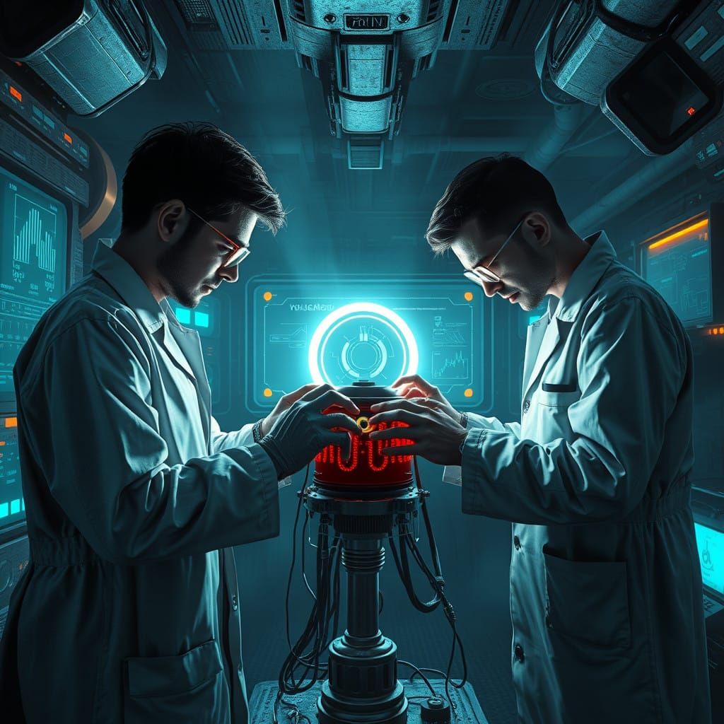 Scientists in Neon-Lit Lab Coats Assemble a Mysterious Devic...