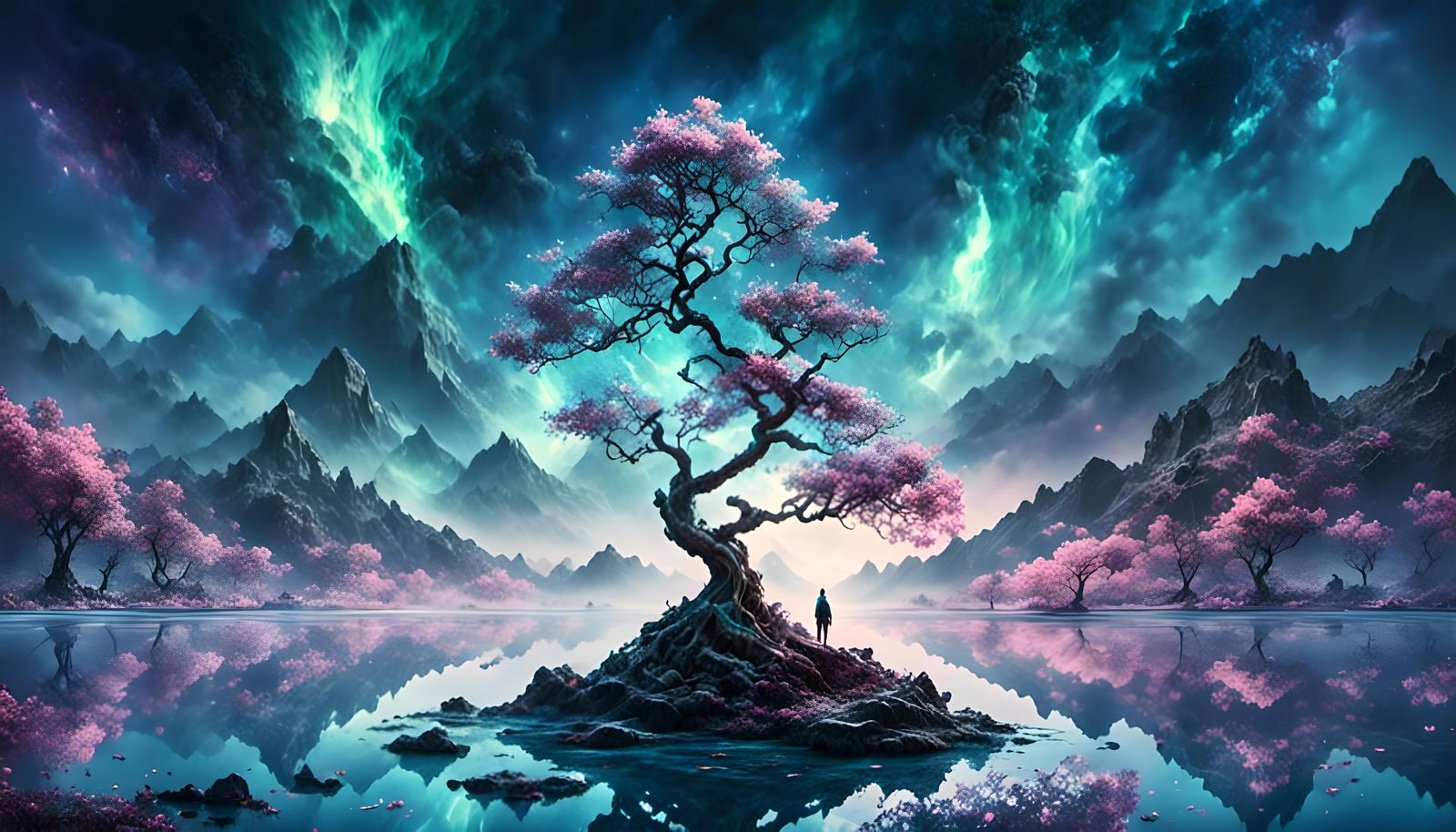Luminous Bonsai Tree Under Aurora Borealis