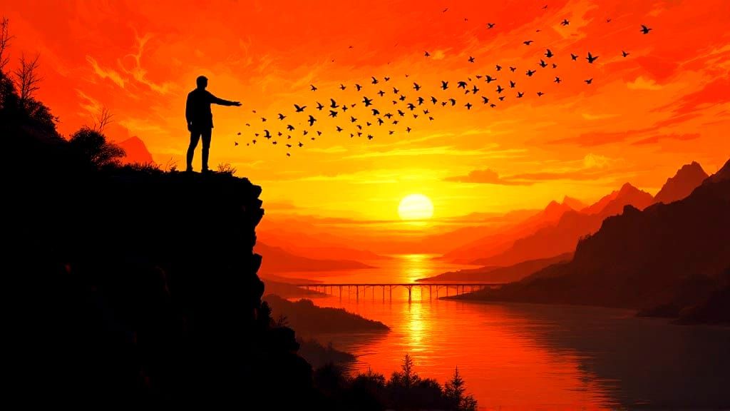 Surreal Sunset Figure Silhouette in Dynamic Pose