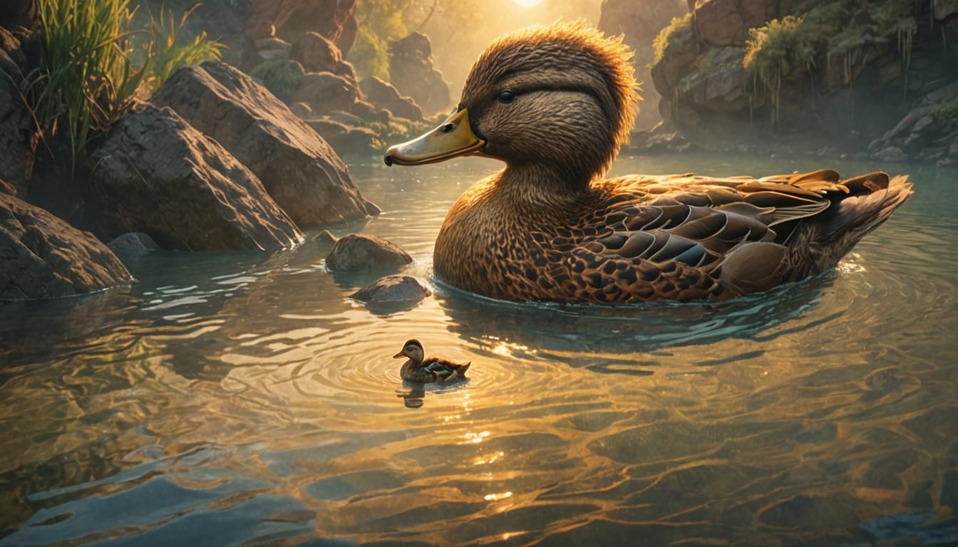 Duck and Glowing Rock in River, Fantasy Art