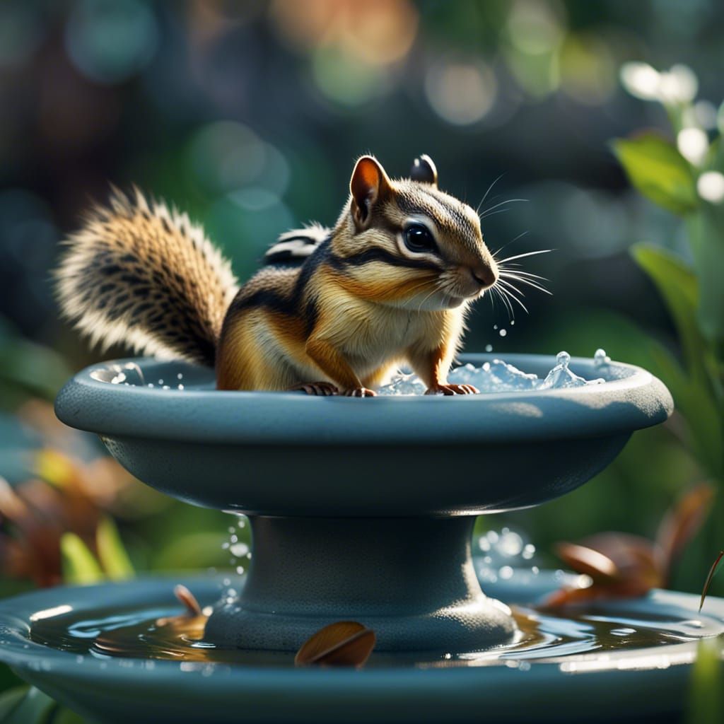Chipmunk in Birdbath with Cinematic Lighting