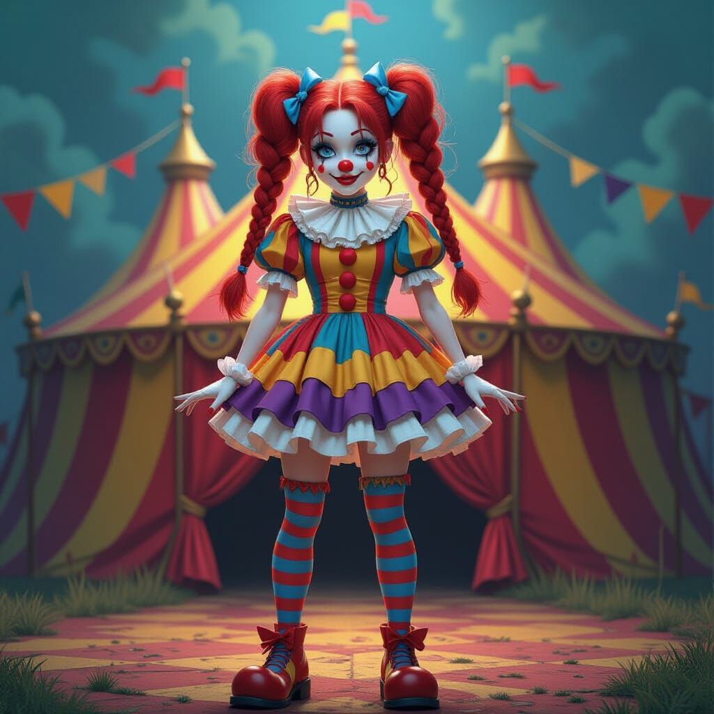 Kawaii Clown in Dark Fantasy Circus Setting