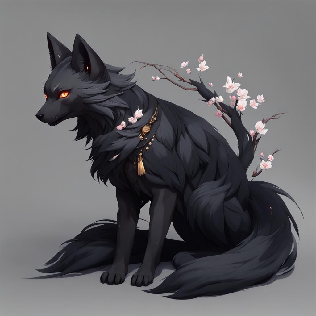 Detailed 3D Anime Art of a Black Kitsune