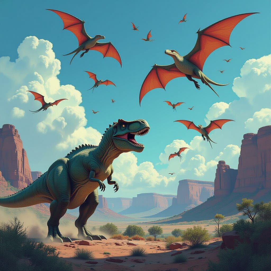 Dramatic Jurassic Scene with T-Rex and Pterodactyls