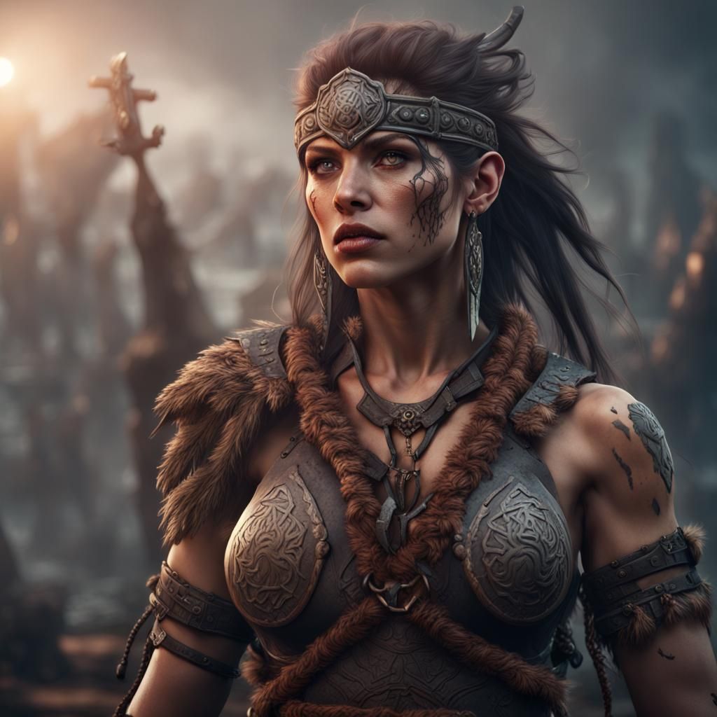 Barbarian Woman in Runic Harness: Detailed Fantasy Art