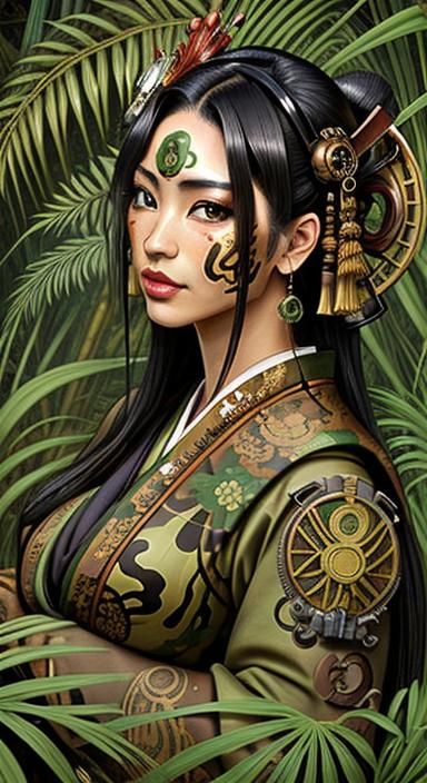 Steampunk Geisha in Aztec Art Nouveau Jungle