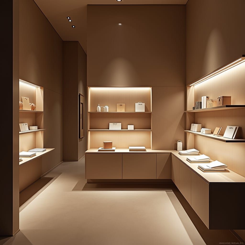 Minimalist Boutique Interior in Sleek Digital Art Style