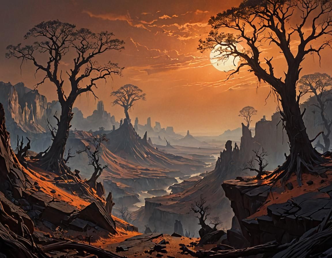 Barbarella on Ominous Alien Planet in Cinematic Style