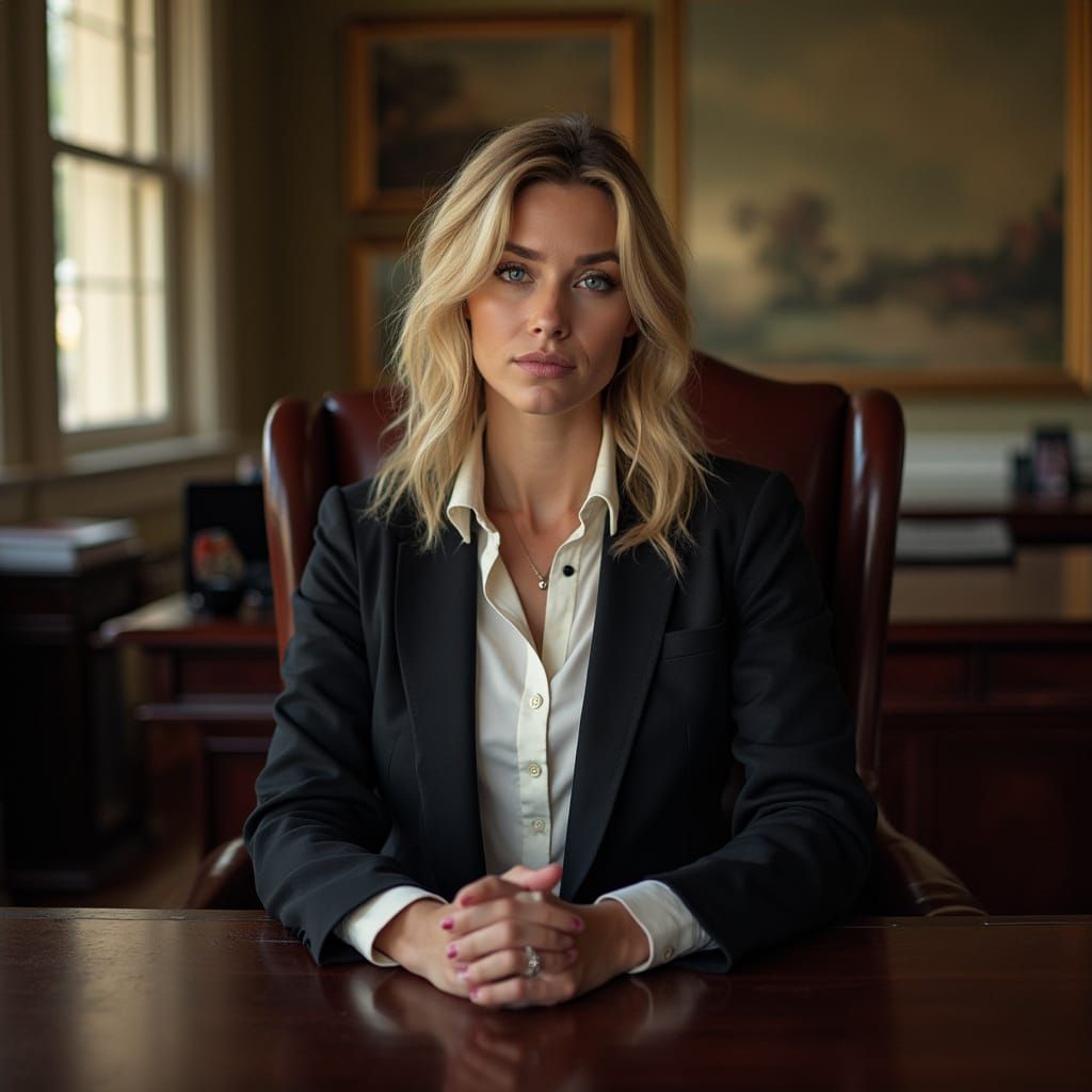 American Woman in Office, Photorealistic Style