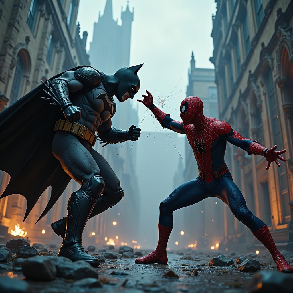 Batman vs Spider-Man in Ruined Gotham Metropolis