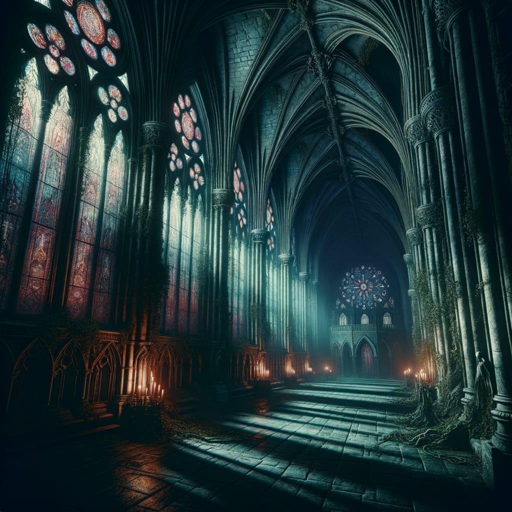 Eerie Gothic Cathedral Interior with Vaulted Arches