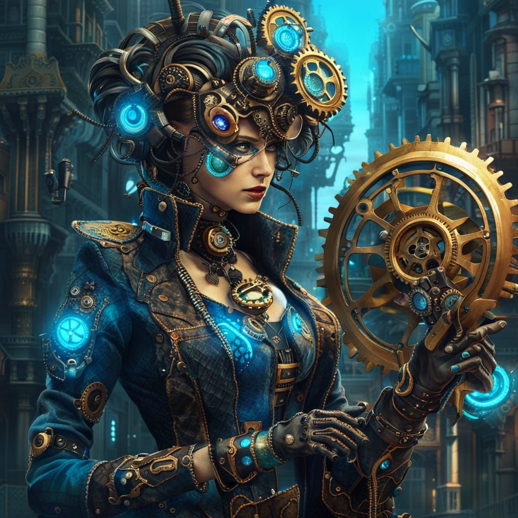 Cyberpunk Steampunk Fusion Art of Woman with Staff