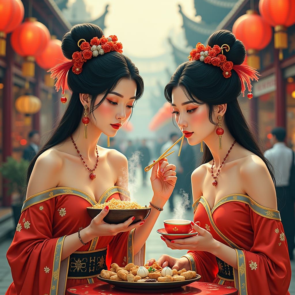 Elegant Women Enjoying Chinese Cuisine, Neo-Impressionism St...