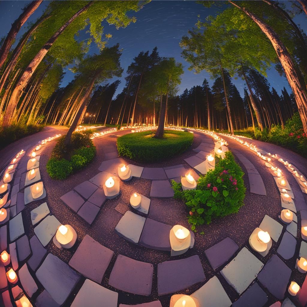 Candlelit Path with Trees and Flowers in Dreamscape