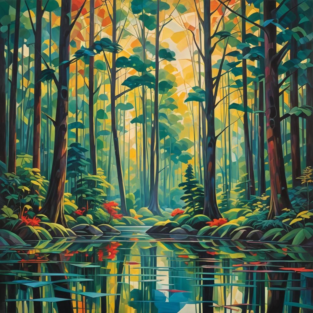 Cubist Forest Lake in a Mystical Dreamscape
