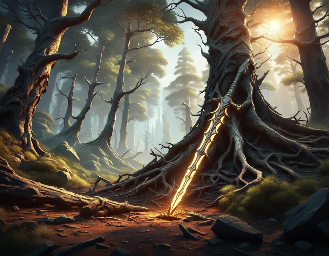 Glowing Spear in Devastated Fantasy Forest