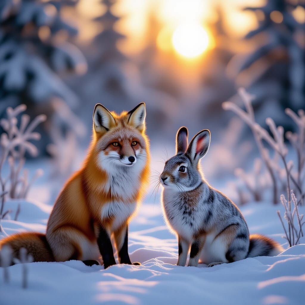 Fox and Hare in Snowy Meadow at Dawn