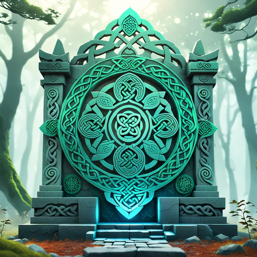 Mystical Celtic Stone Monument in Misty Forest