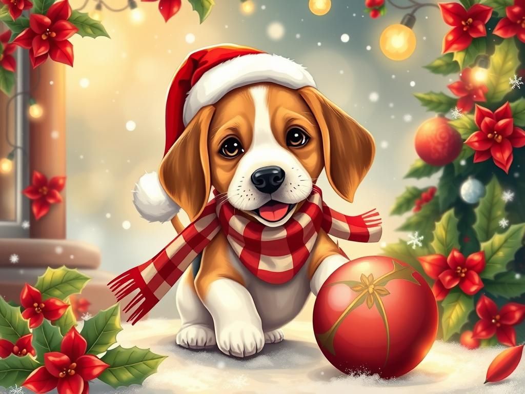 Festive Beagle Puppy in Christmas Scene
