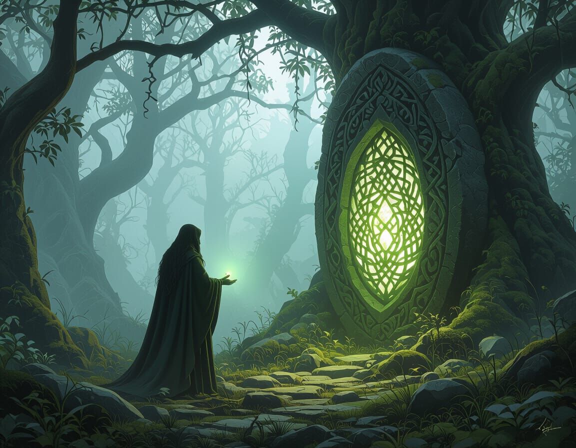 Celtic Druid in Sacred Grove: Dark Fantasy Art