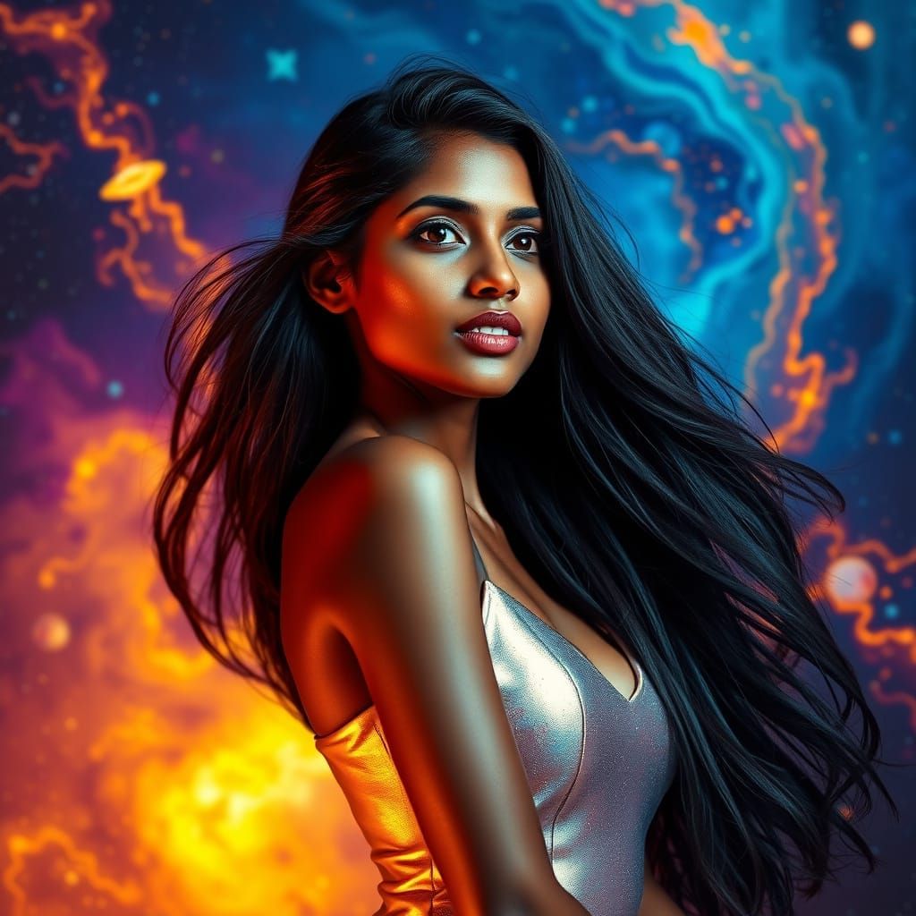 Indian Woman in Cosmic Dreamscape: Surrealist Art