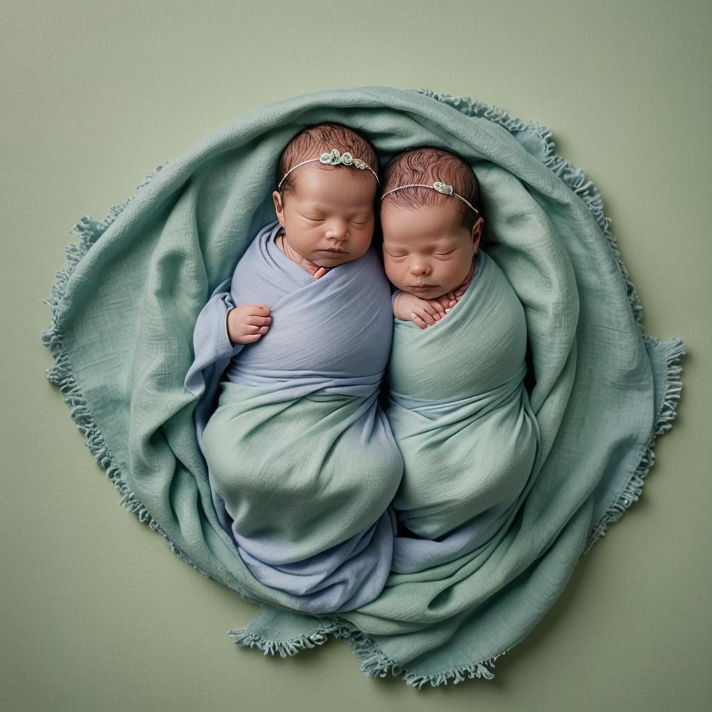 A newborn image of three babies wrapped in blue purple cloth...