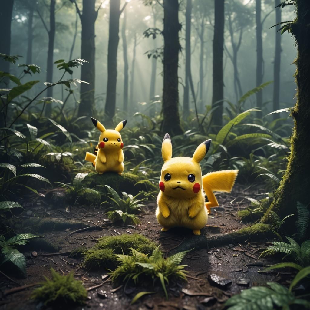 Pikachu in Misty Forest: Cinematic Film Still