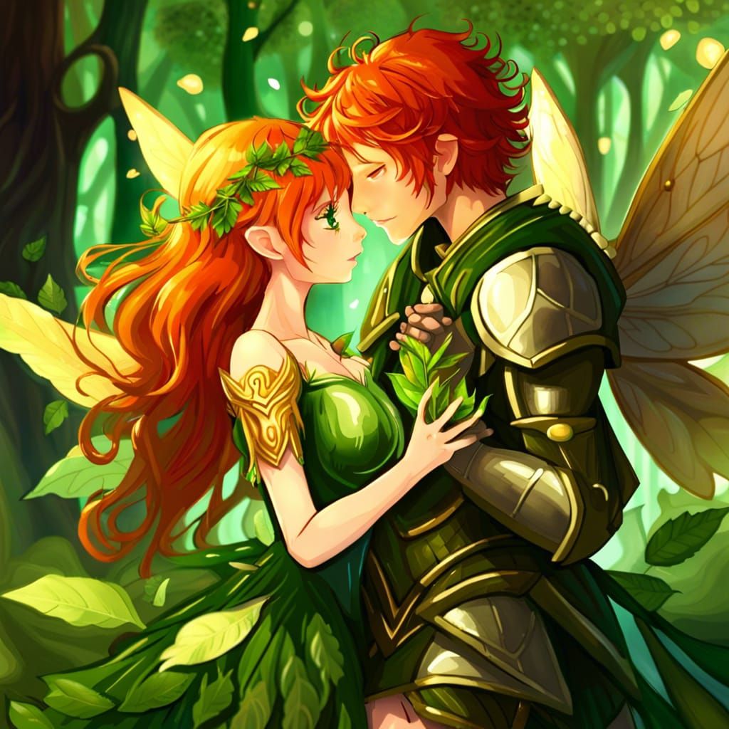 Fairies Kissing in Enchanted Forest, Anime Style