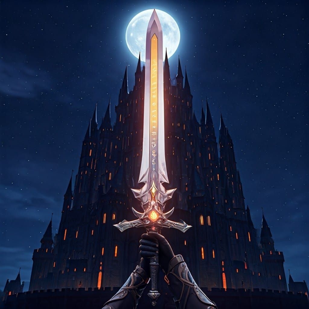 Medieval Castle with Glowing Sword in Anime Style