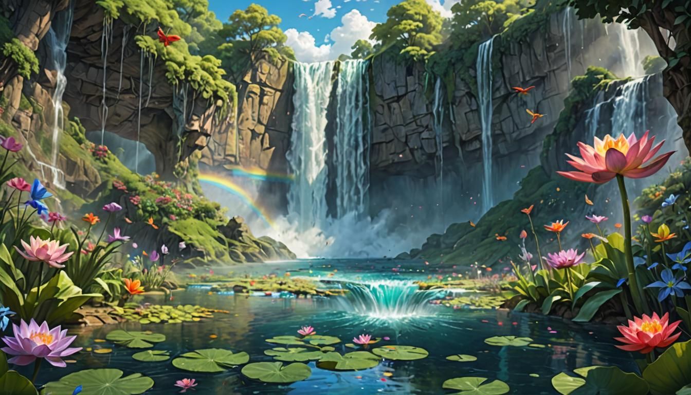 Rainbow Waterfall with Mystical Creatures