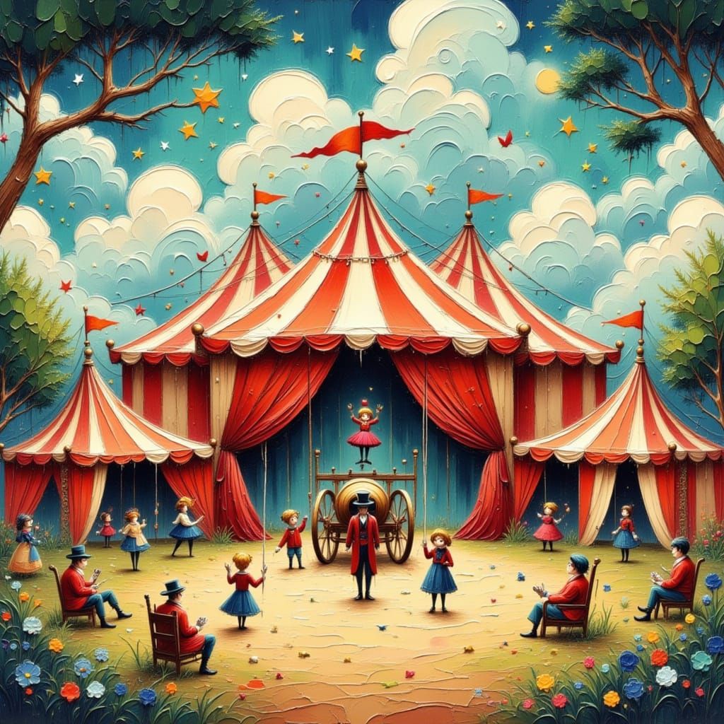 Vibrant Anime Circus Scene with Performers and Cannon
