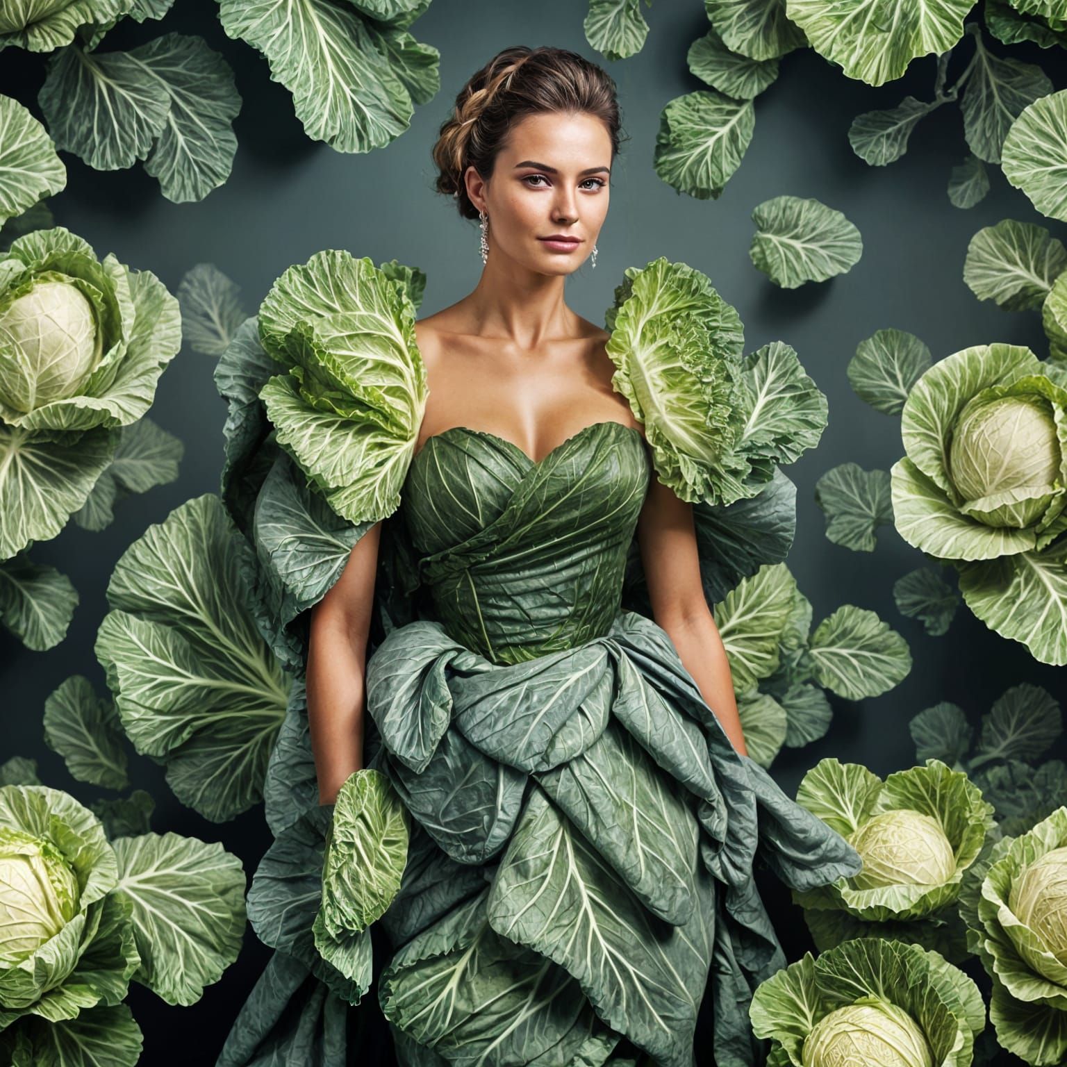 Woman in Cabbage Leaf Gown: Hyperrealistic HDR