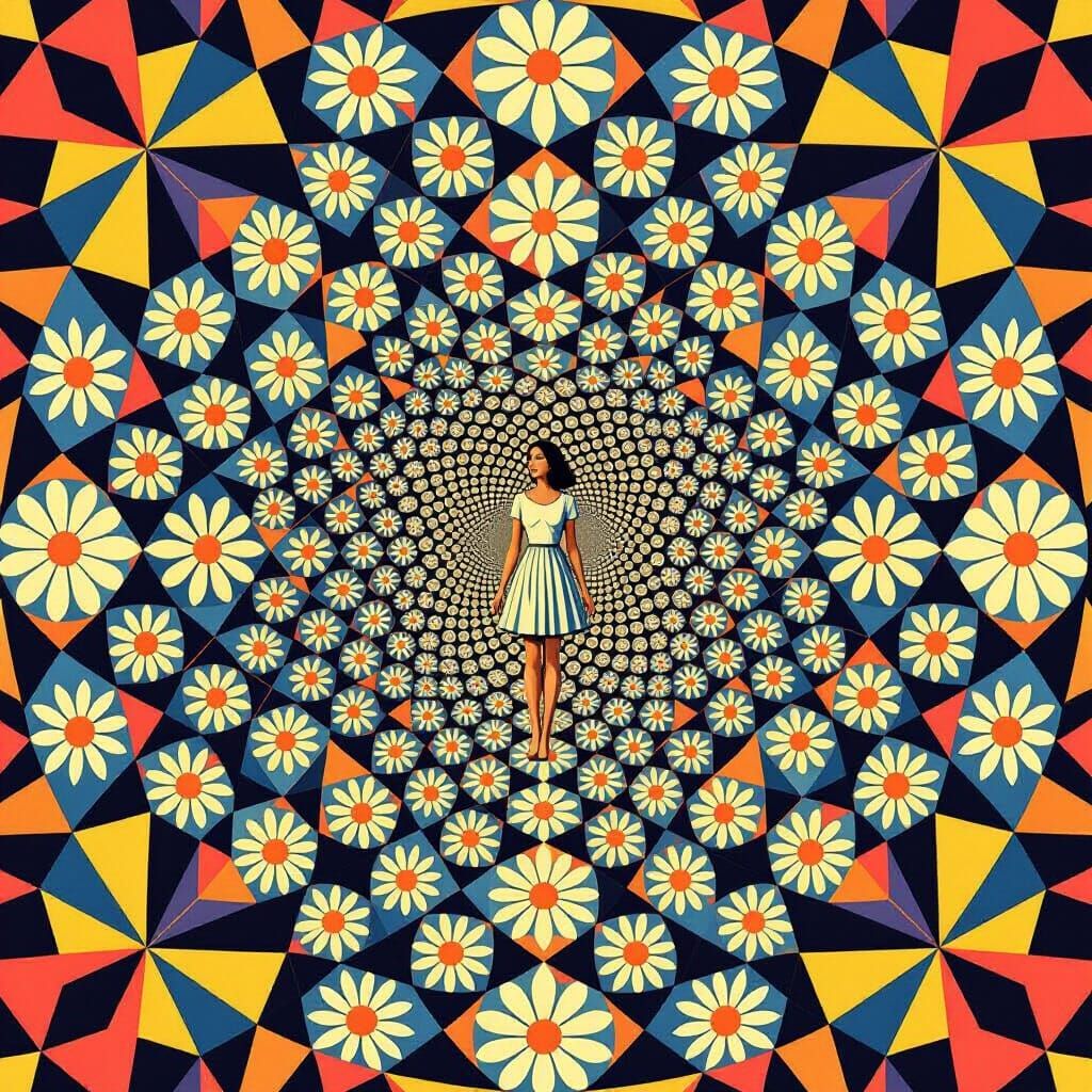 Kaleidoscopic Symmetry with Daisies in Op Art Style