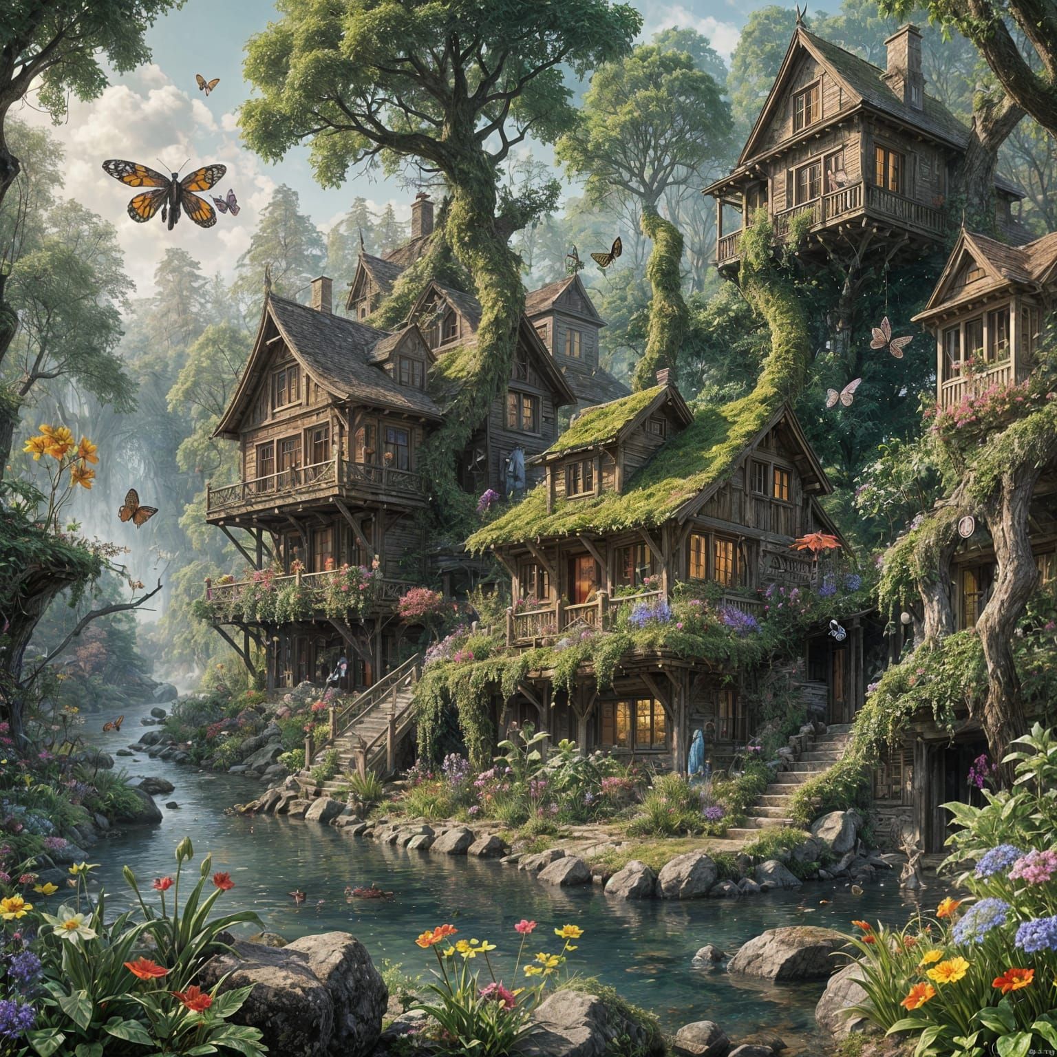 Enchanted Forest River Scene with Exotic Wildlife and Cottag...