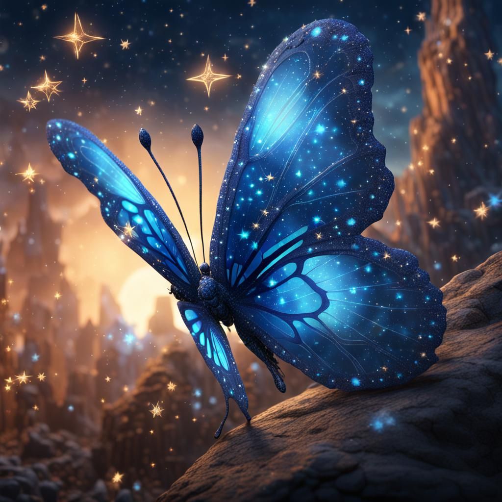 Blue Crystal Butterfly with Starry Background