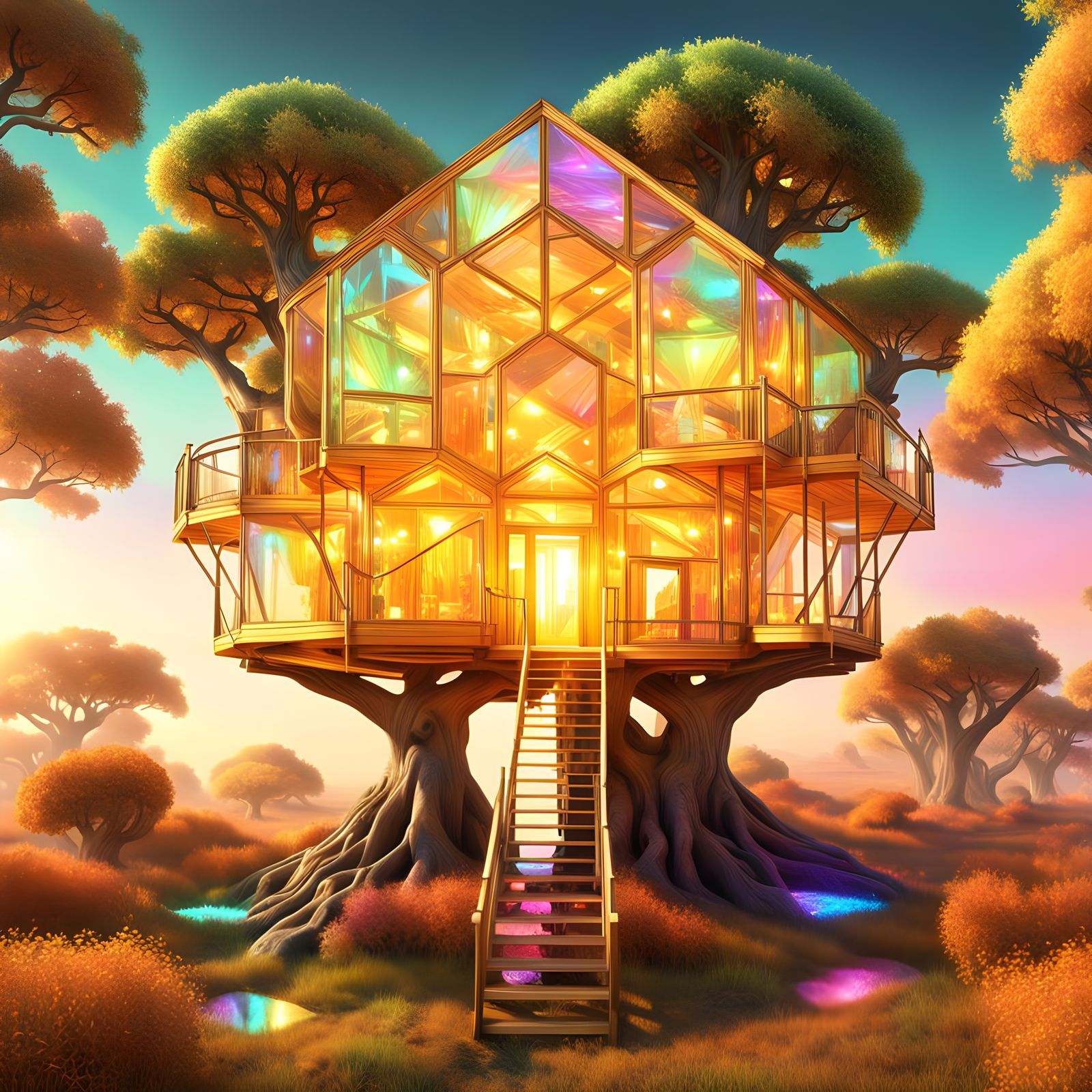 Chromatic Crystal Tree House in Liminal Dreamscape