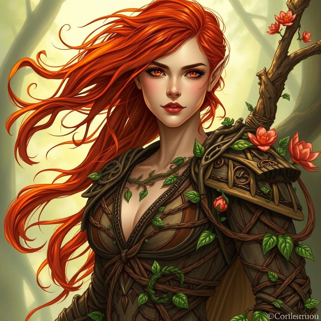 Woodland Goddess in Armor of Living Wood and Plants