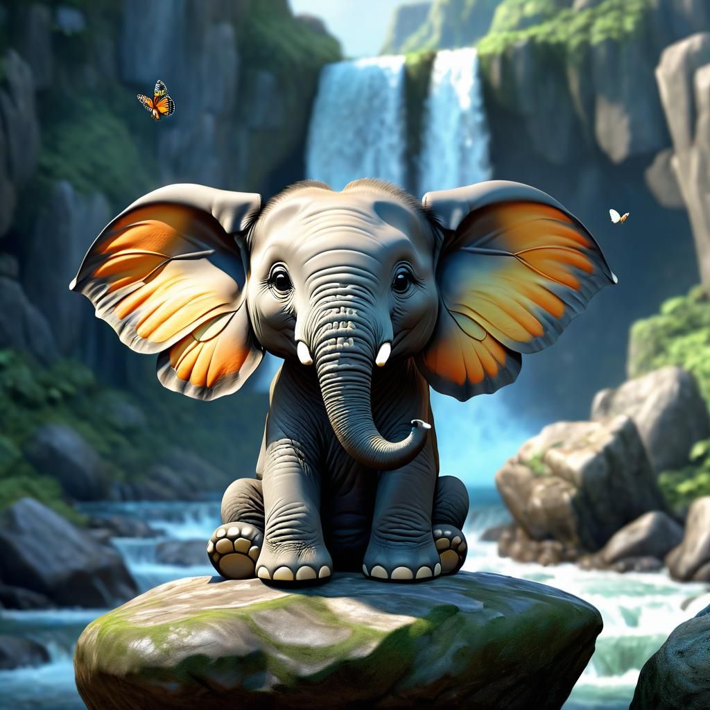 Cute Chibi Elephant by Waterfall, Fantasycore Artwork