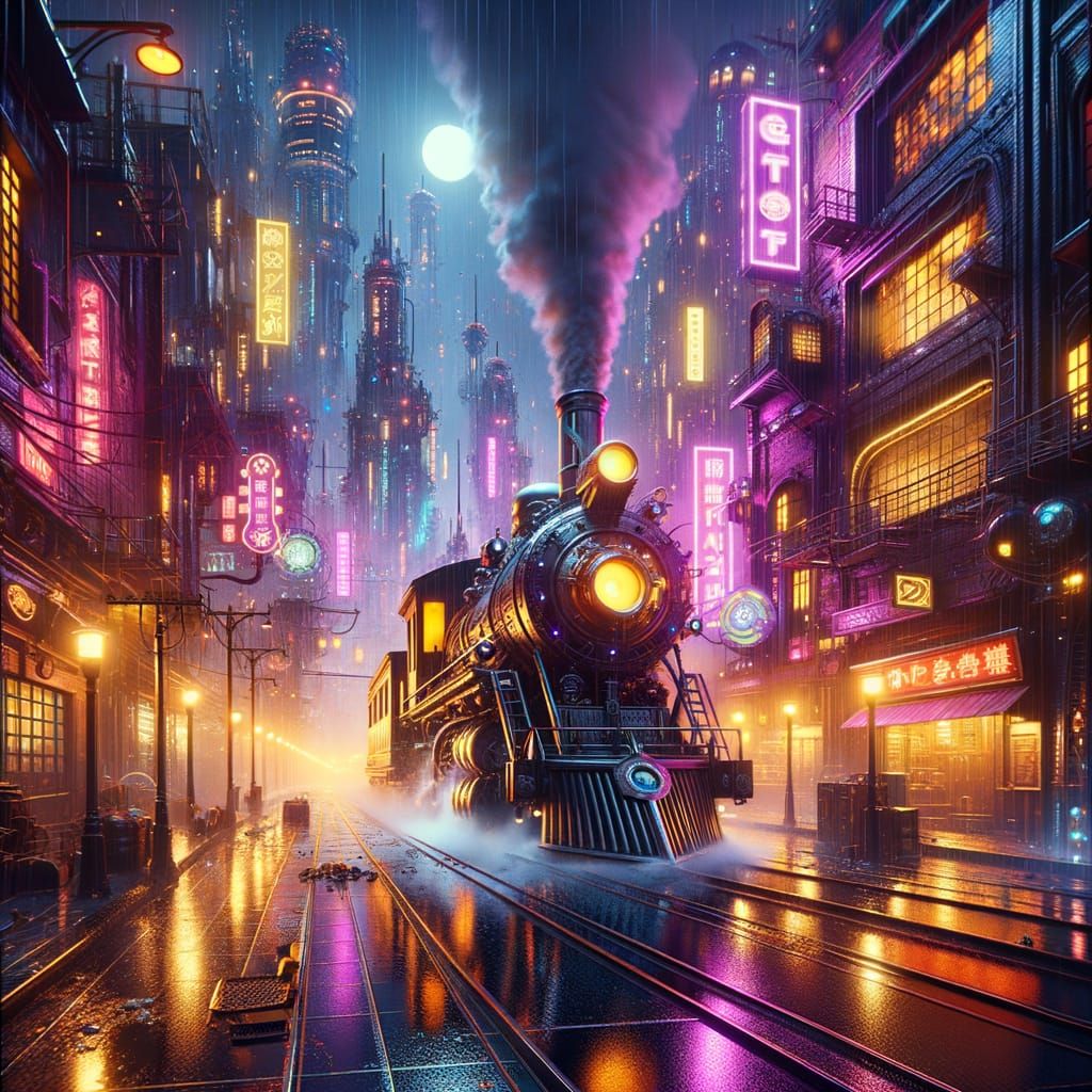 Steampunk Cityscape at Night in Cyberpunk Style