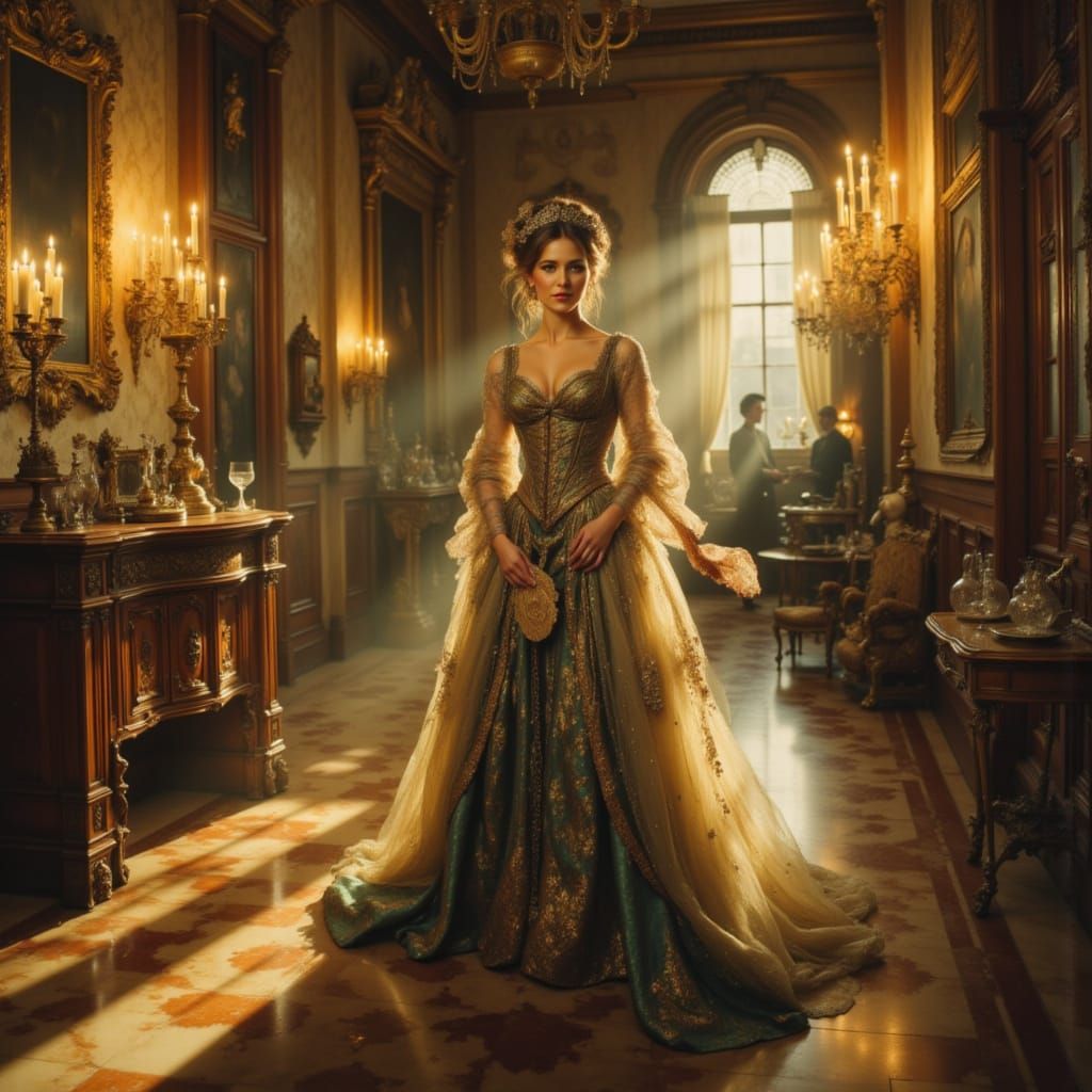 Renaissance Woman in Candlelit Ballroom Holding Fan