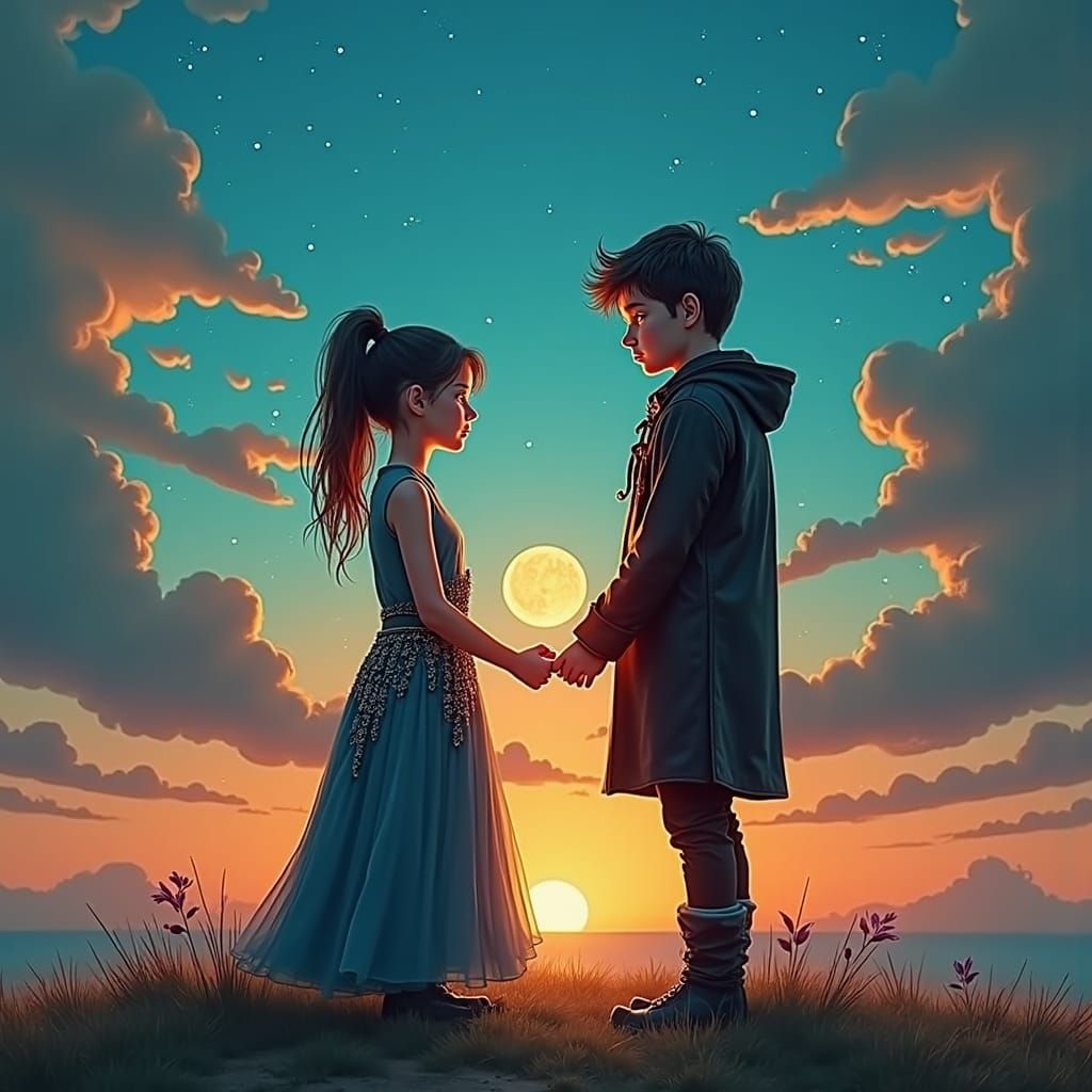 Brother and Sister in Stormy Landscape, Elegant Style